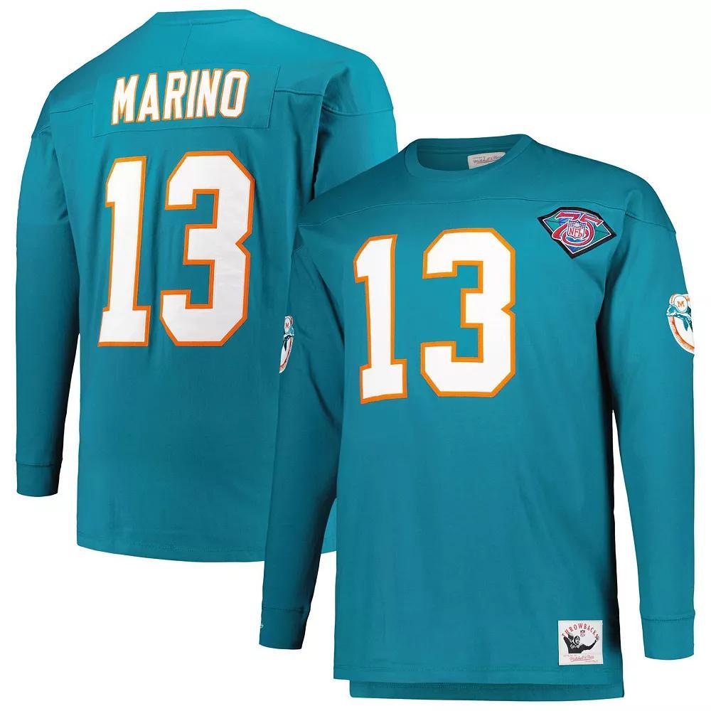 Men's Mitchell & Ness Dan Marino Aqua Miami Dolphins Big & Tall Cut & Sew Player Name & Number Long Sleeve T-Shirt, Size: 4XB, Turquoise A Product Image
