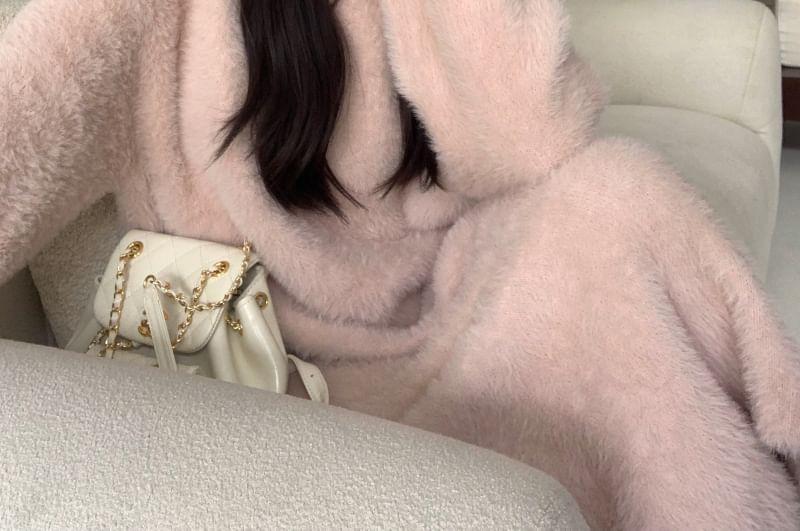 Crew Neck Plain Fluffy Midi Sweater Dress Product Image