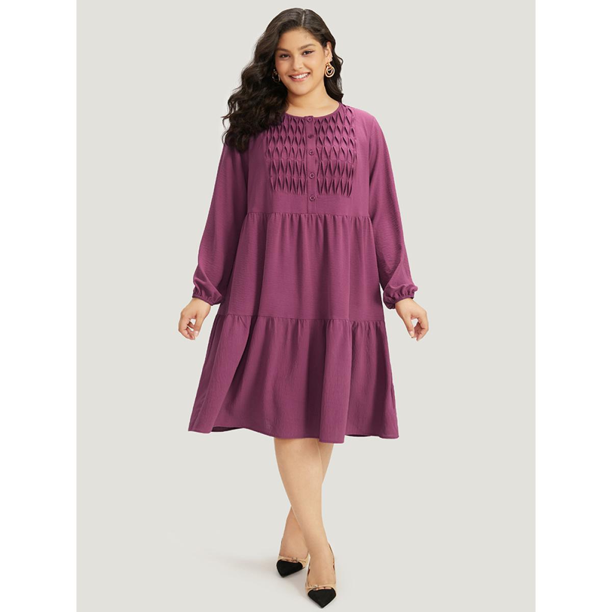 Plus Size Plain Plicated Detail Layered Hem Dress RedViolet Women Elegant Elastic cuffs Round Neck Long Sleeve Curvy Midi Dress BloomChic 30/6X Product Image