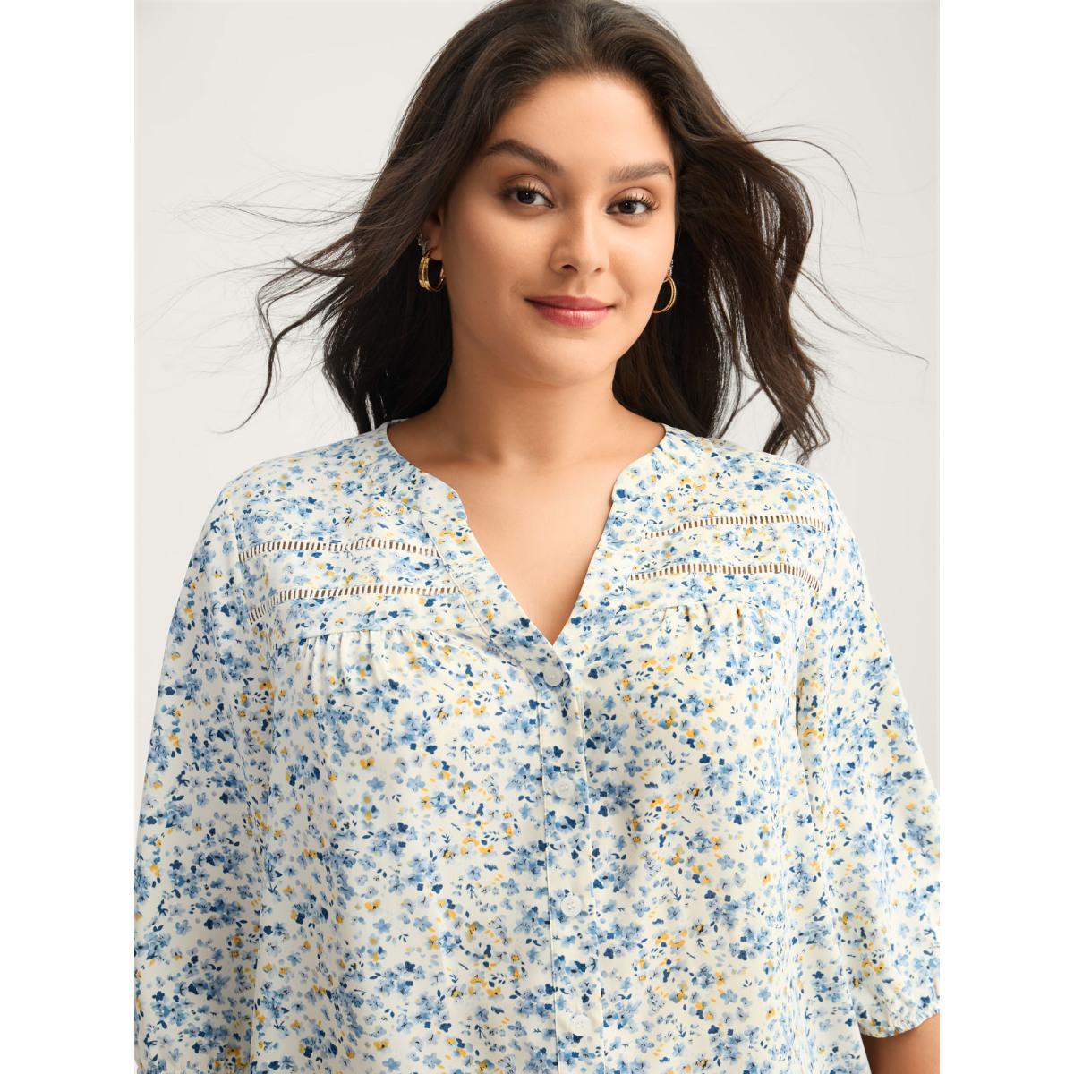 Plus Size Multicolor Floral Print Lace Trim Flowy Blouse Women Elbow-length sleeve Notched collar Everyday-Elegant Blouses BloomChic 10/M Product Image