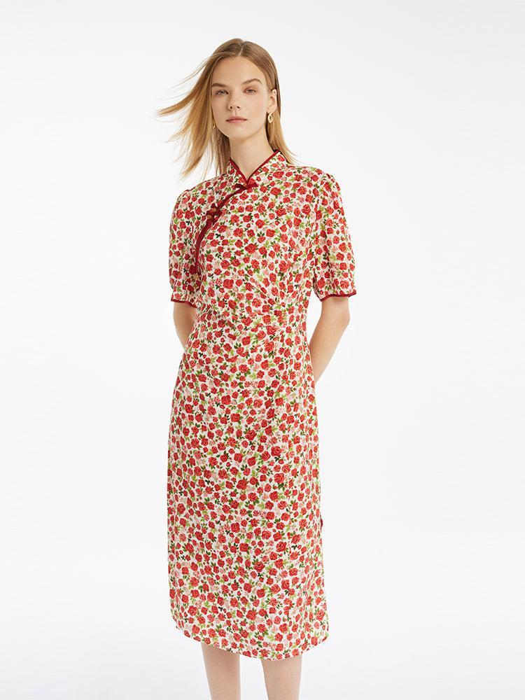 Red Rose Print Cheongsam Women Qipao Midi Dress Product Image