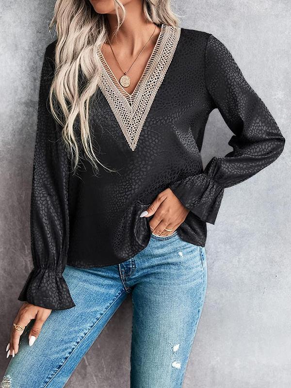 Long Sleeves Loose Elasticity Hollow Jacquard Leopard Split-Joint V-Neck Blouses&Shirts Tops Product Image
