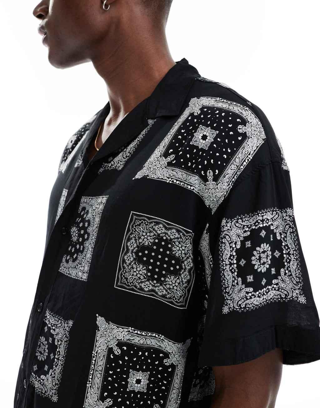 ADPT oversized camp collar shirt with bandana print in black Product Image