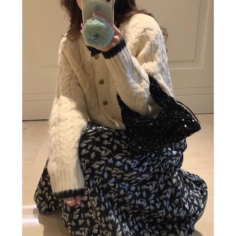 Crewneck Cable Knit Button-Up Cardigan Product Image