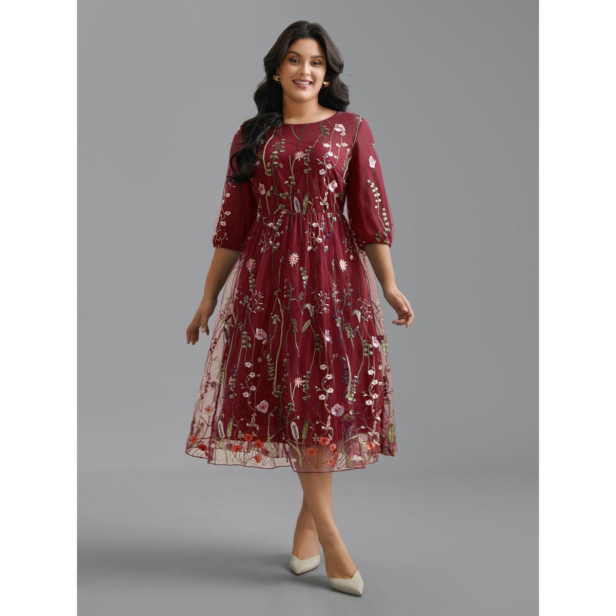 Plus Size Floral Embroidered Elastic Waist Lined Midi Dress Burgundy Women Cocktail Texture Party Curvy Bloomchic 28/5X Product Image
