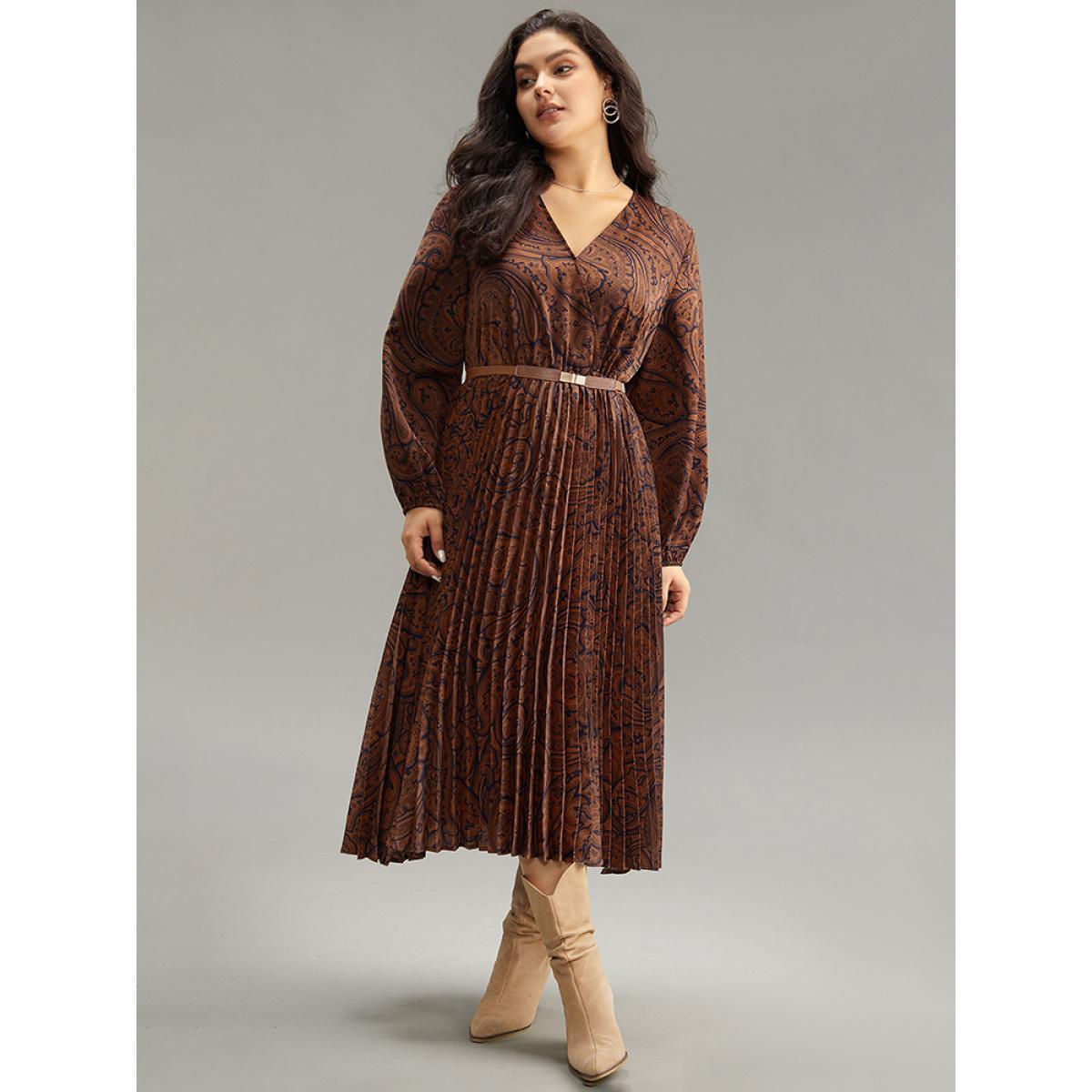 Plus Size Boho Print Pleated Elastic Waist Wrap Dress DarkBrown Women Vacation Elastic cuffs V-neck Long Sleeve Curvy Midi Dress BloomChic 18-20/2X Product Image