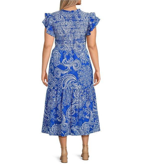 Calessa Plus Size Abstract Paisley Scoop Neck Short Sleeve Tiered Smocked Ruffle Midi Dress Product Image