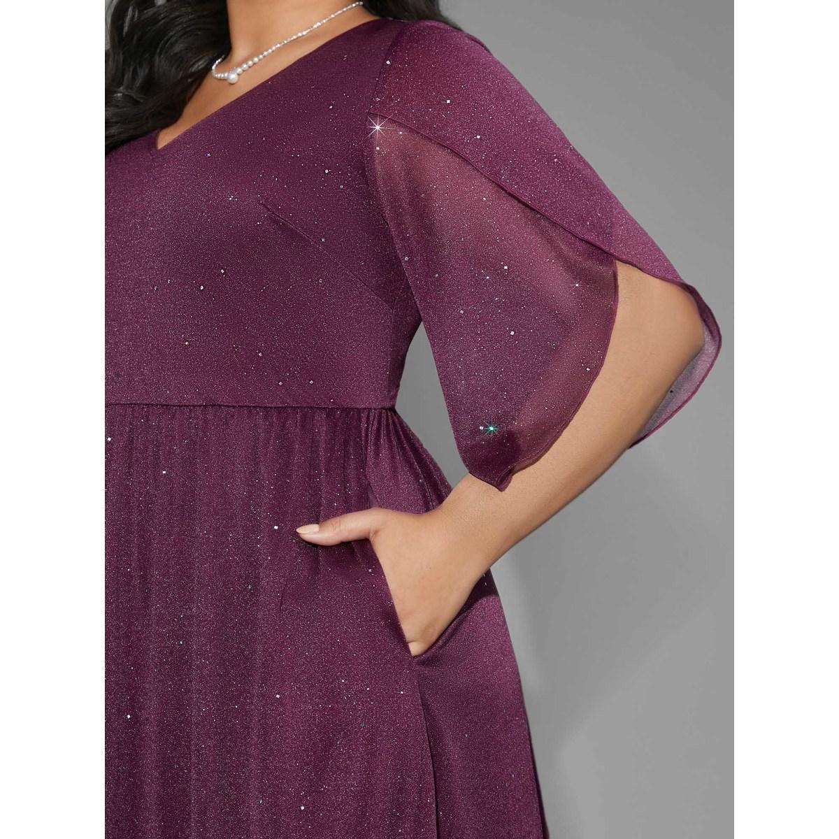 Plus Size Glitter Mesh Petal Sleeve Midi Dress Deeppurplered Women Cocktail Texture Party Curvy Bloomchic 26/4X Product Image