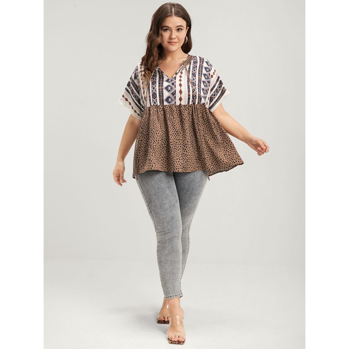 Plus Size DarkBrown Leopard Geometric Contrast Elastic Waist Ties Neck Blouse Women Vacation Short sleeve V-neck Dailywear Blouses BloomChic 14-16/1X Product Image