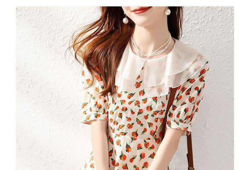 Short-Sleeve Collared Floral Midi A-Line Dress Product Image