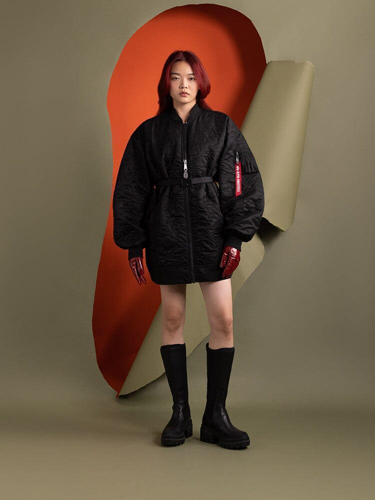 WOMEN'S CAMO QUILTED BELTED MA-1 BOMBER JACKET - BLACK / XL Product Image