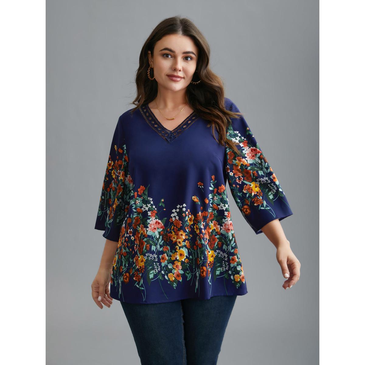 Plus Size Indigo Floral V Neck Cut-Out Lace Blouse Women Elegant Elbow-length sleeve V-neck Everyday Blouses BloomChic 18-20/2X Product Image