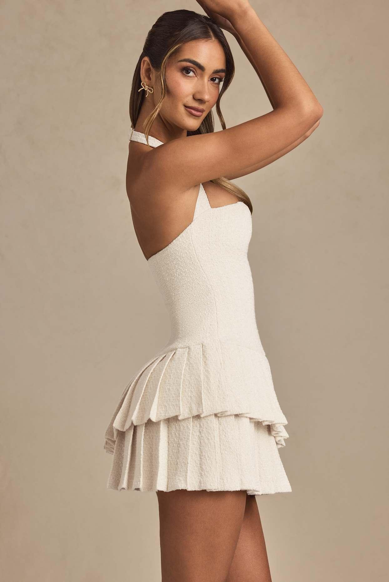 Asymmetric Layered Halterneck Mini Dress in Ivory Product Image