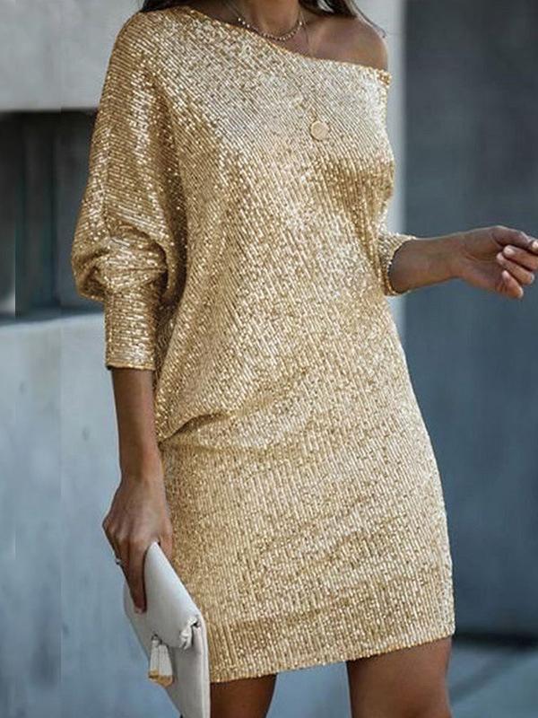 A-Line Loose Asymmetric Sequined Solid Color One-Shoulder Mini Dresses Product Image