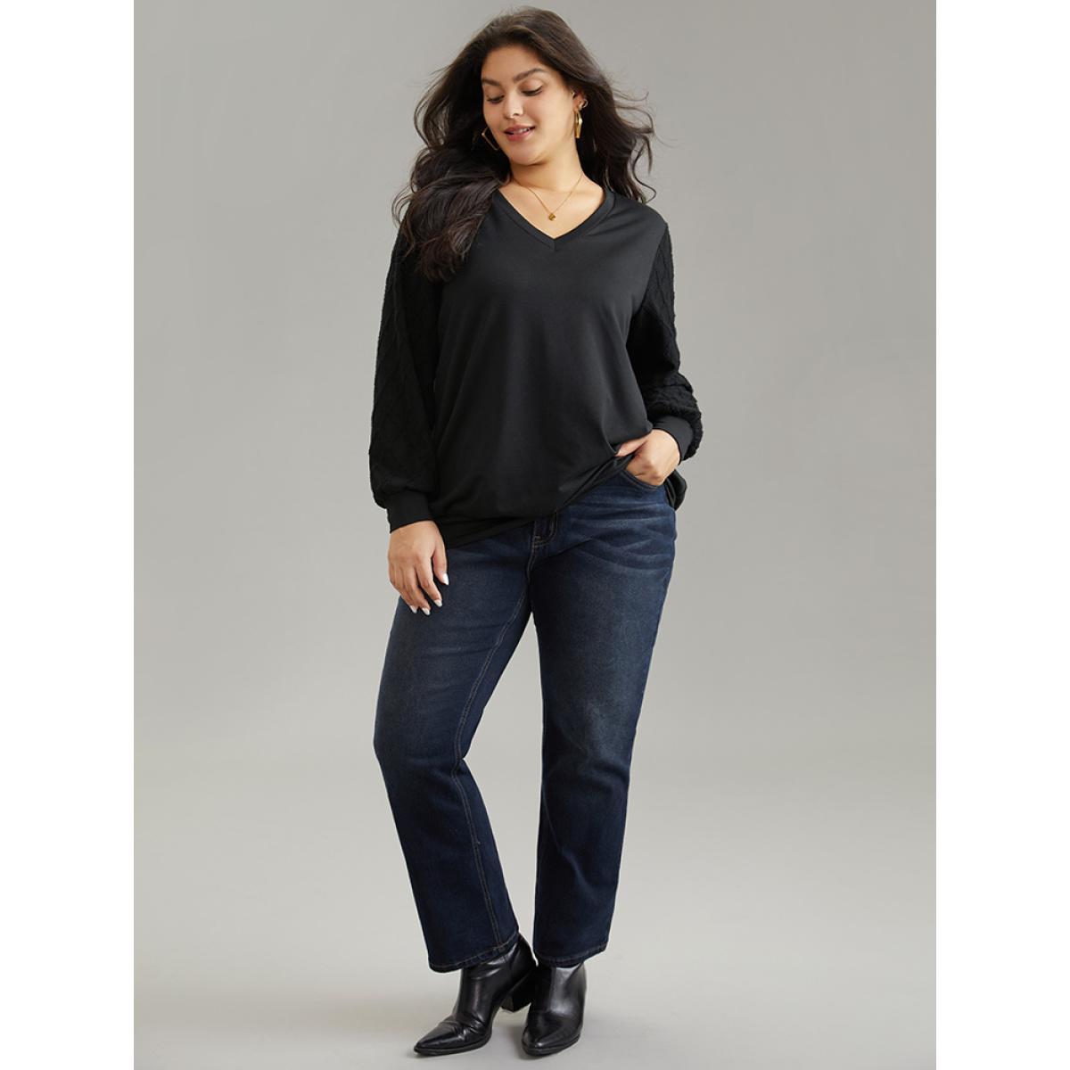 Plus Size Plain Textured Patchwork Jacquard Sweatshirt Women Black Casual Texture V-neck Dailywear Sweatshirts BloomChic 12/L Product Image