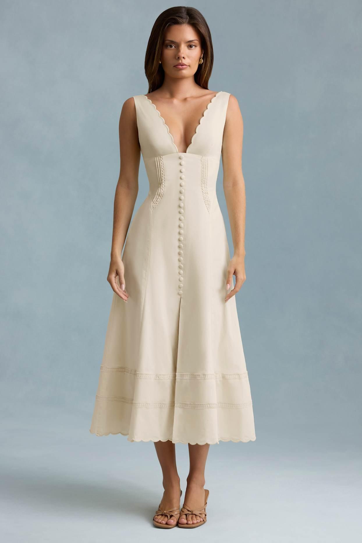 Cotton-Poplin A-Line Midaxi Dress in Ivory Product Image