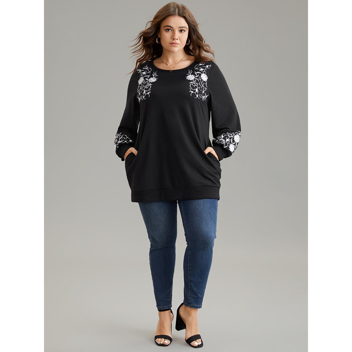 Plus Size Floral Embroidered Pocket Elastic Cuffs Sweatshirt Women Black Elegant Rib Knit Round Neck Dailywear Sweatshirts BloomChic 14-16/1X Product Image