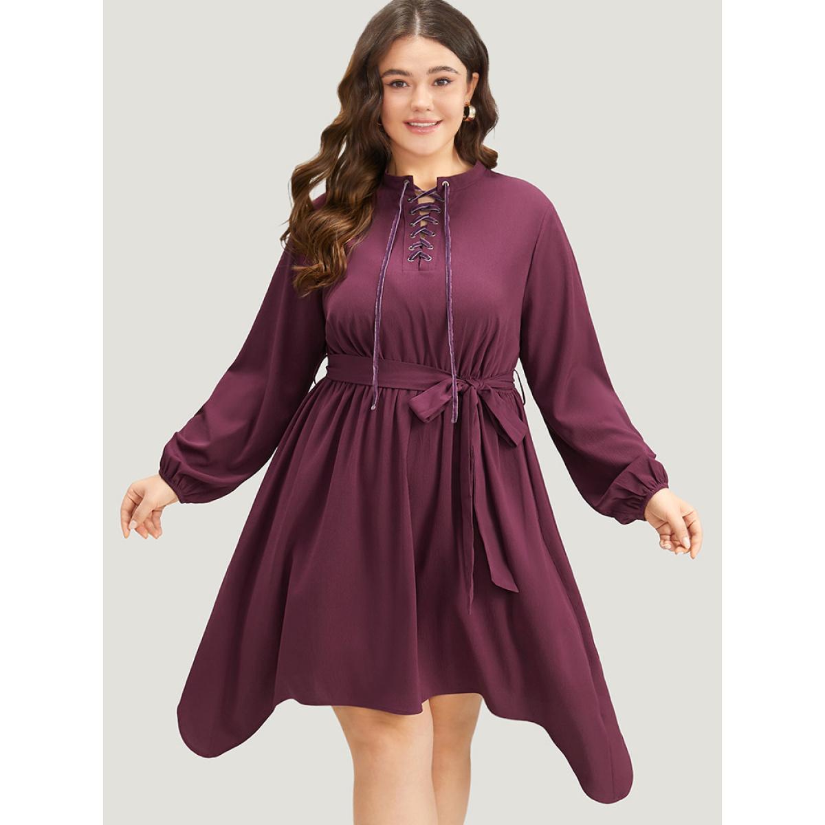 Plus Size Halloween Plain Lantern Sleeve Belted Lace Up Asymmetrical Hem Dress Purple Women Office Elastic cuffs Tie Neck Long Sleeve Curvy Knee Dress BloomChic 12/L Product Image