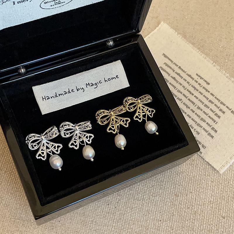 925 Sterling Silver Bow Faux Pearl Drop Earring Product Image