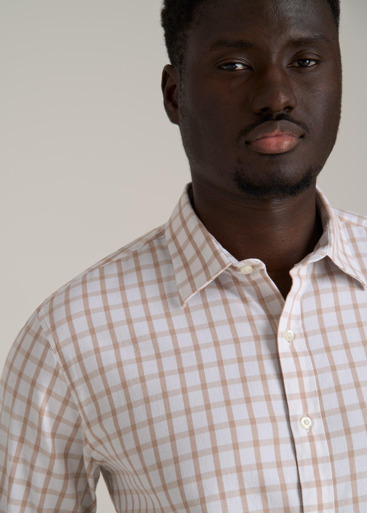 Oskar Button-Up Dress Shirt for Tall Men in Beige Grid Product Image