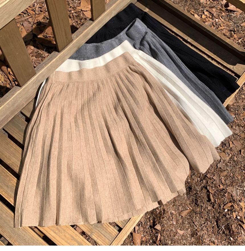 High Rise Plain Pleated Knit Mini A-Line Skirt Product Image