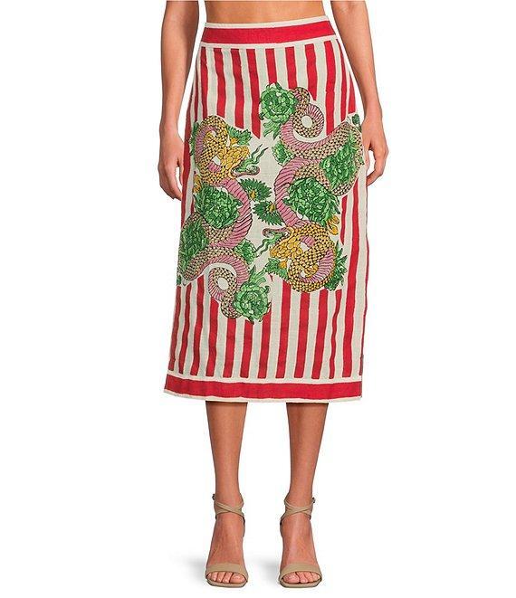 Mo Maya Red Stripe Dragon Print High Rise Pencil Midi Skirt Product Image