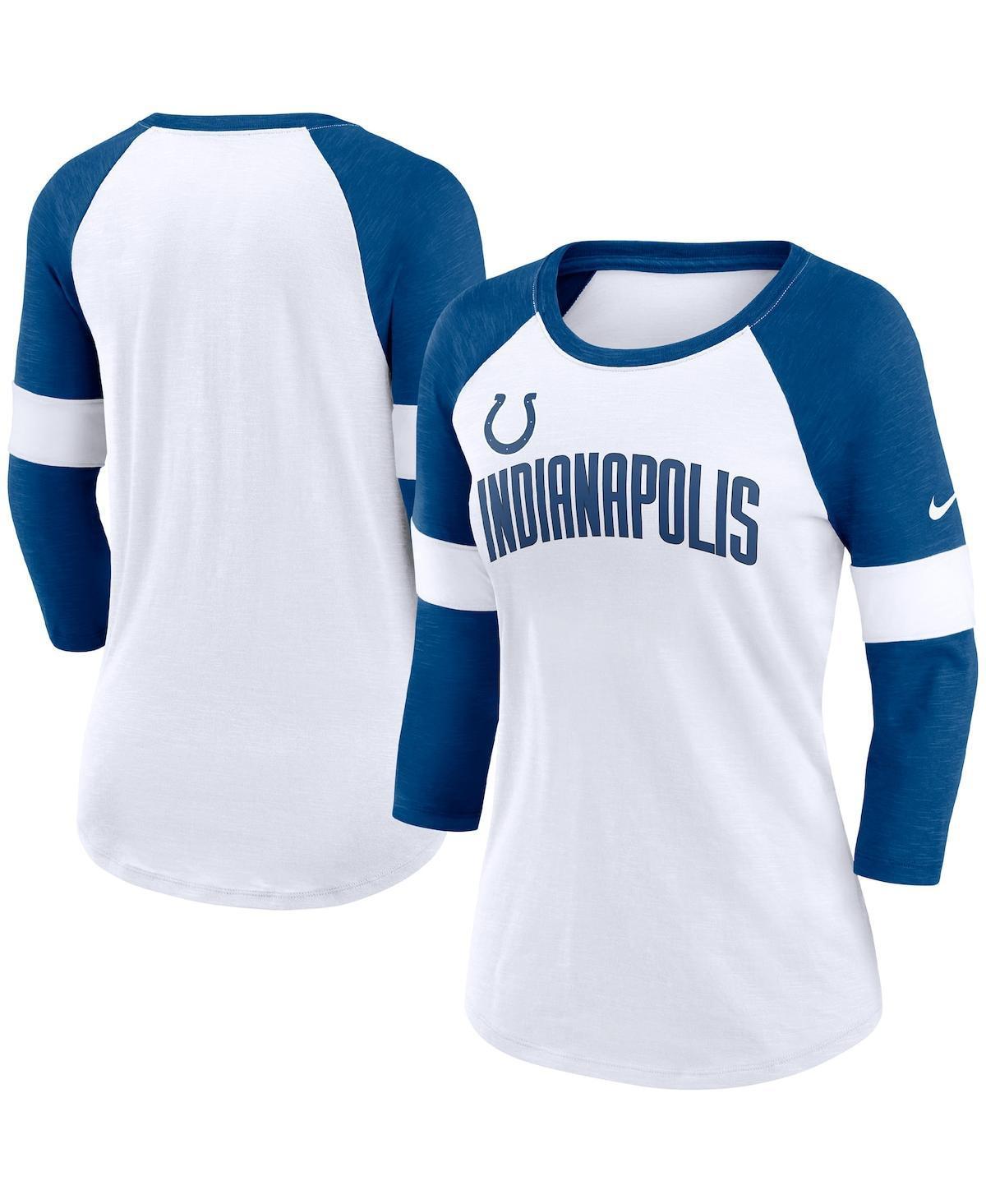 Women's Nike Indianapolis Colts White/Heathered Royal Football Pride Slub 3/4 Raglan Sleeve T-Shirt, Size: Large Product Image