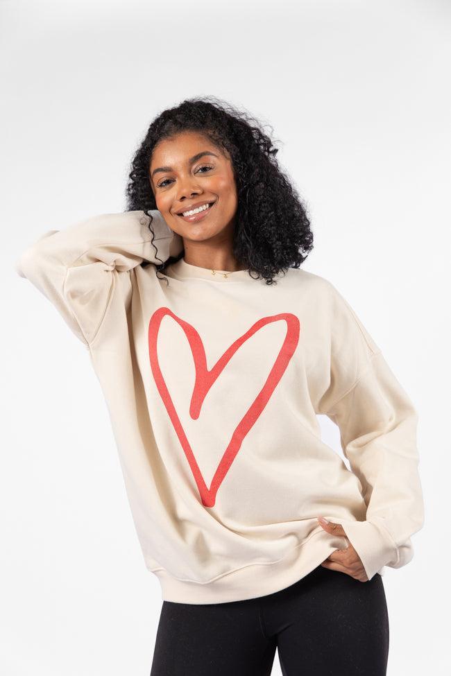 Red Heart Sketch Cream Oversized Graphic Sweatshirt SALE Product Image