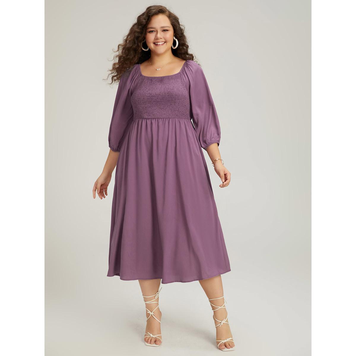 Plus Size Plain Shirred Square Neck Elastic Cuffs Dress Mauve Women Elegant Elastic cuffs Square Neck Elbow-length sleeve Curvy Midi Dress BloomChic 26/4X Product Image