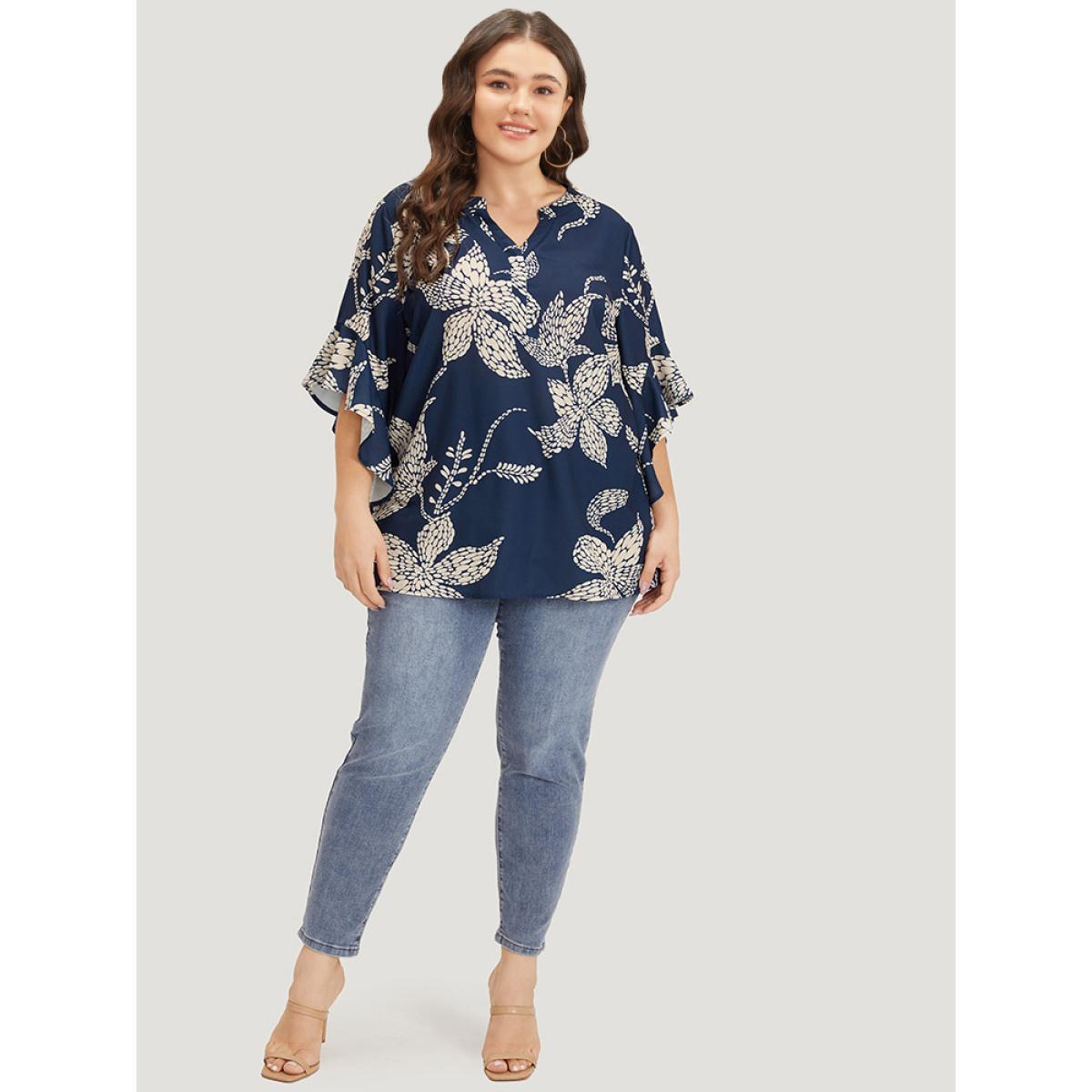 Plus Size Indigo Silhouette Floral Print Bell Sleeve Ruffle Trim Blouse Women Elegant Half Sleeve V-neck Dailywear Blouses BloomChic 22-24/3X Product Image