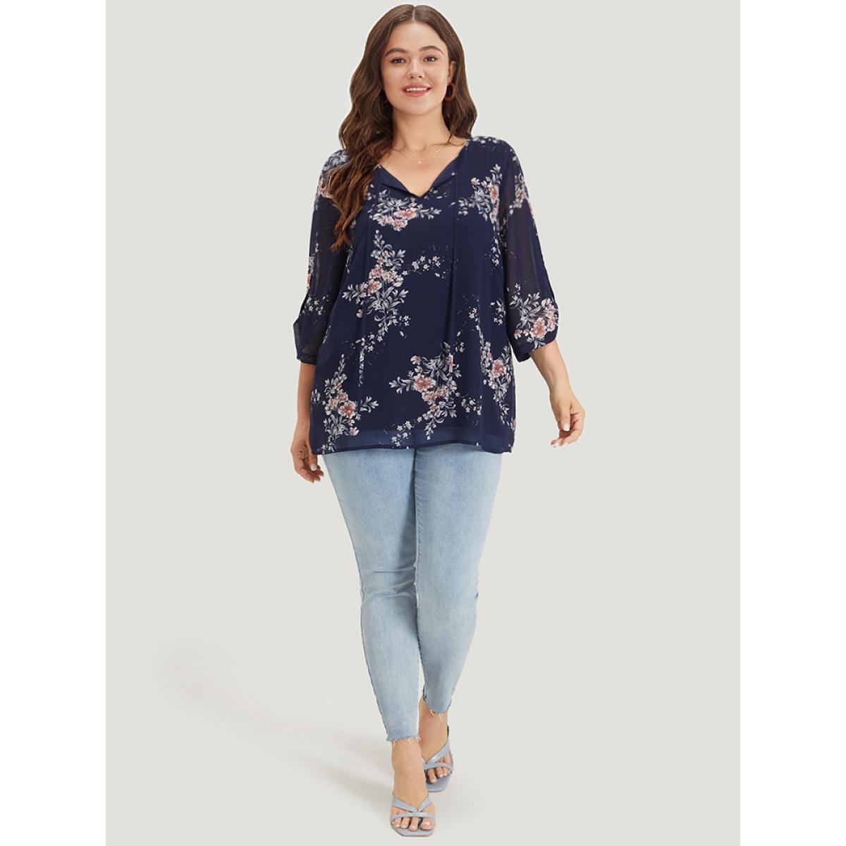 Plus Size Indigo Floral Print Knot Neck Mesh Tab Sleeve Blouse Women Elegant Elbow-length sleeve Tie Neck Dailywear Blouses BloomChic 26/4X Product Image