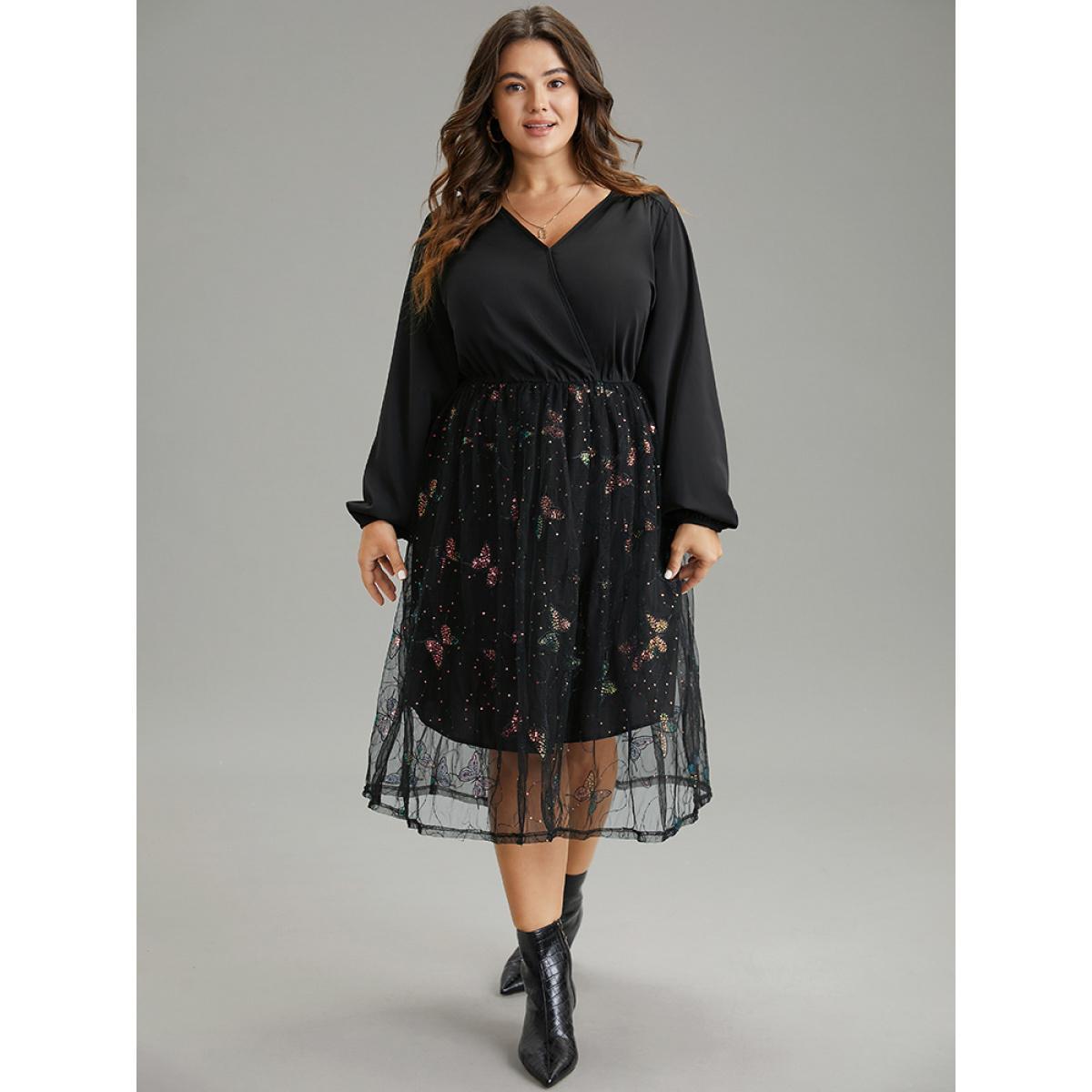 Plus Size Butterfly Patchwork Lace Mesh Wrap Sequin Dress Black Women Elegant Sequin Overlap Collar Long Sleeve Curvy Midi Dress BloomChic 10/M Product Image