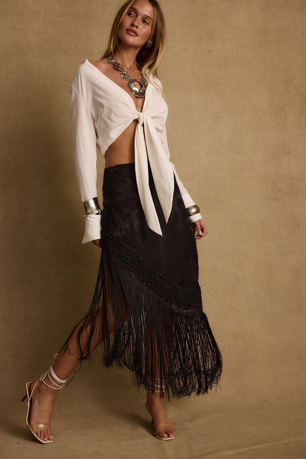 Frankie Black Satin Jacquard Fringe Midi Skirt Product Image