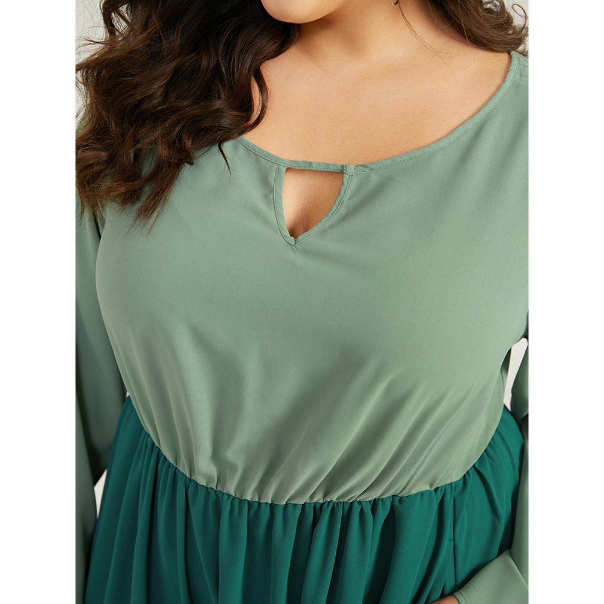 Plus Size Colorblock Contrast Keyhole Layered Hem Dress Mint Women Casual Plain Keyhole Cut-Out Long Sleeve Curvy Midi Dress BloomChic 10/M Product Image