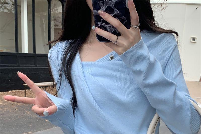 Long-Sleeve Asymmetrical Neck Plain Knit Top Product Image
