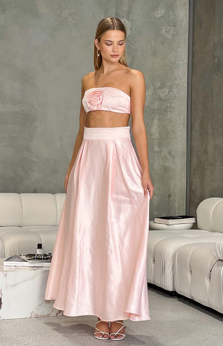 Nakiyah Pink Satin High Waisted Maxi Skirt Product Image