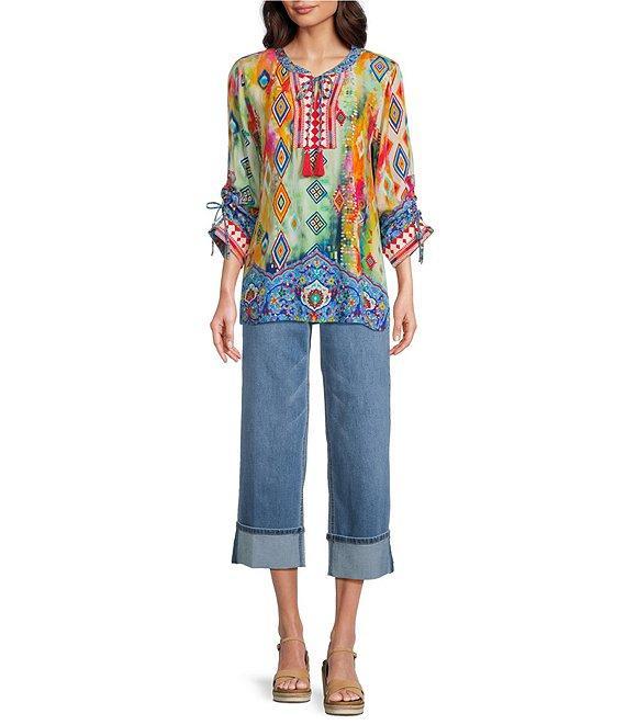 John Mark Petite Size Embroidered Printed Split V-Neck 3/4 Cinched Sleeve Tassel Tie Front Tunic Product Image