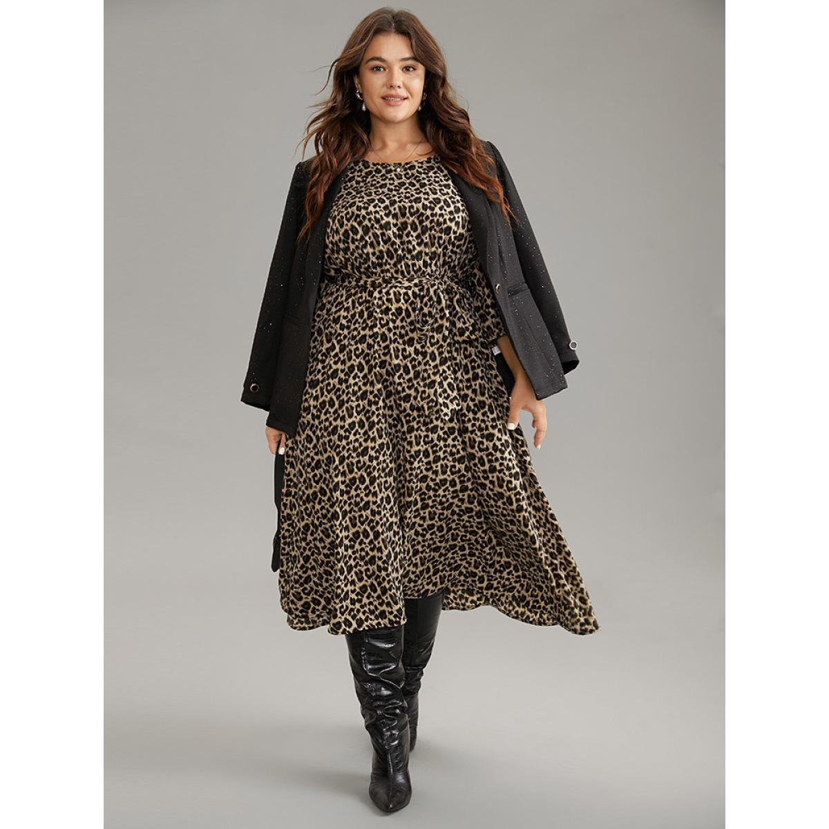 Plus Size Leopard Elastic Waist Belted Round Neck Dress LightBrown Women Office Elastic cuffs Round Neck Elbow-length sleeve Curvy Midi Dress BloomChic 18-20/2X Product Image
