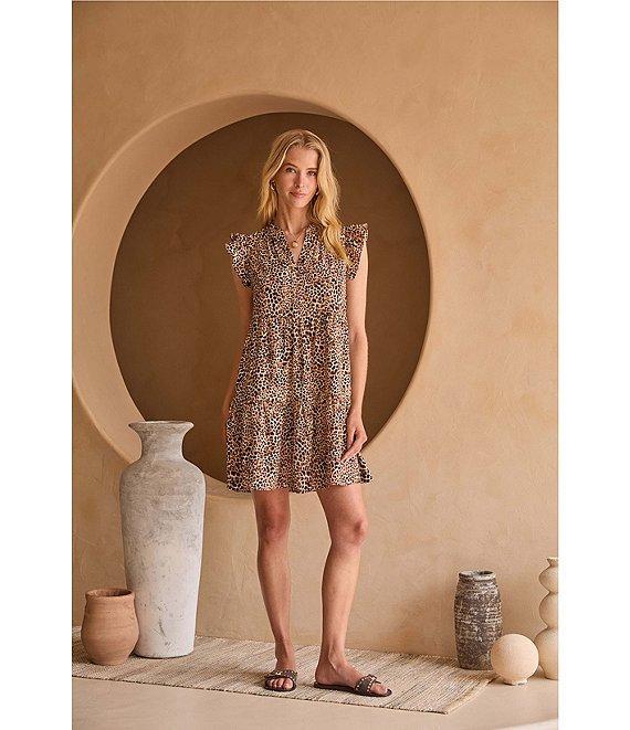 Skies Are Blue Leopard Print Split V-Neck Ruffle Cap Sleeves Shift Mini Dress Product Image
