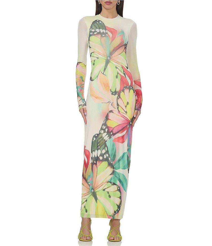 AFRM Didi Butterfly Printed Crewneck Longsleeve Ankle Mesh Maxi Dress Product Image