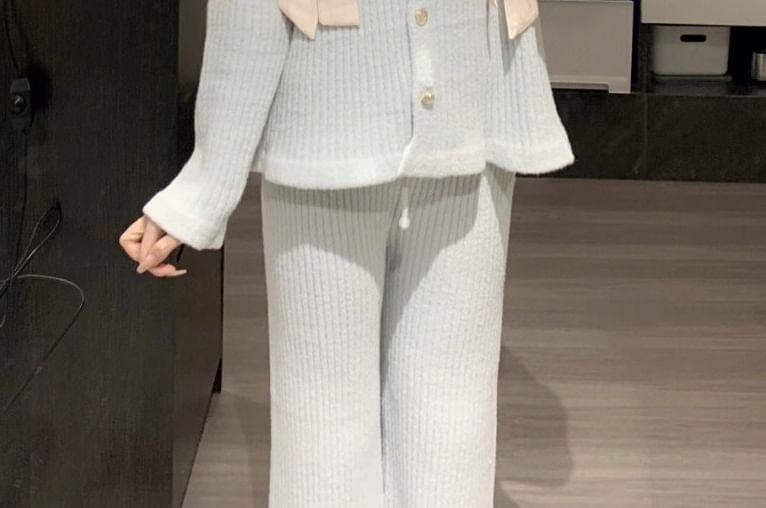 Pajama Set: Round Neck Bow Heart Button Cardigan + Straight Leg Pants Product Image