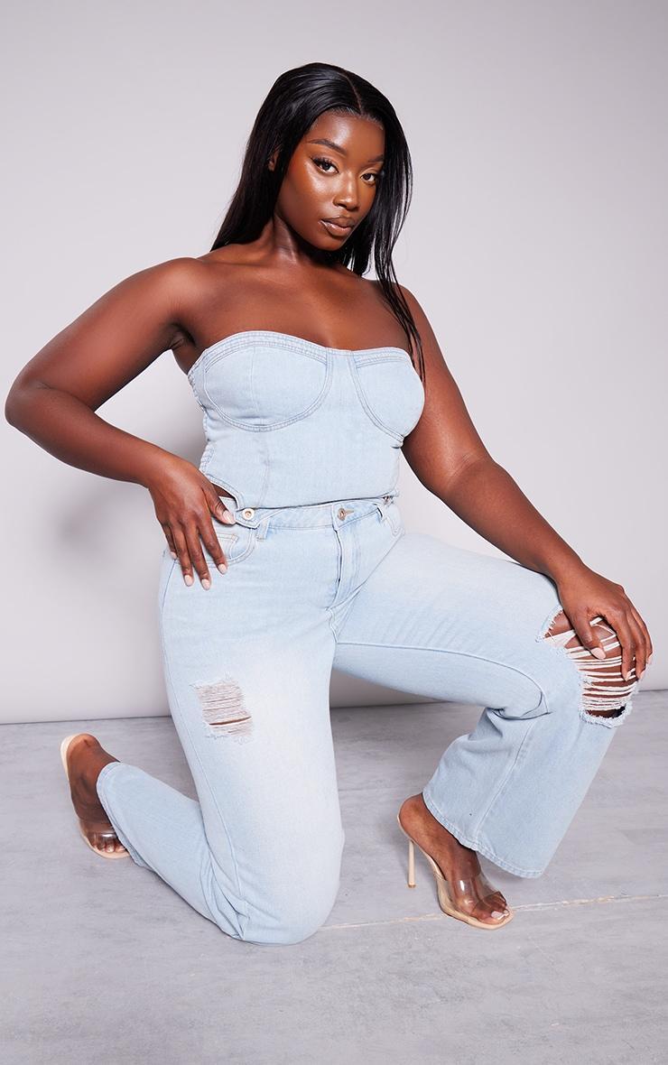 Plus Light Blue Wash Detachable Bandeau Denim Jumpsuit Product Image