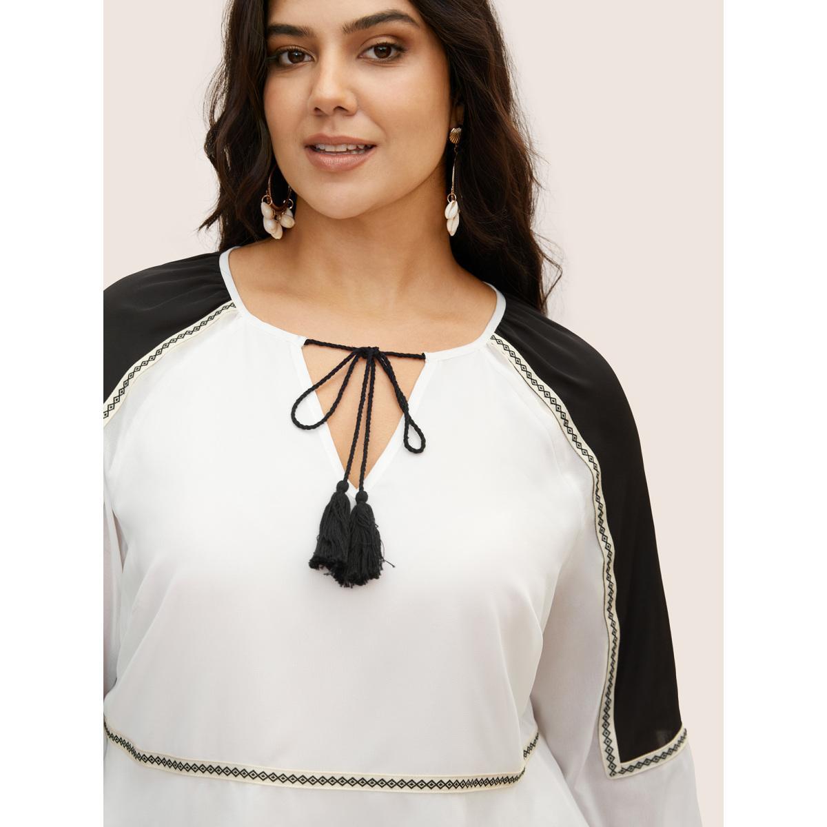Plus Size Ivory Bandana Contrast Webbing Tassel Tie Knot Blouse Women Resort Long Sleeve V-neck Vacation Blouses BloomChic 10/M Product Image