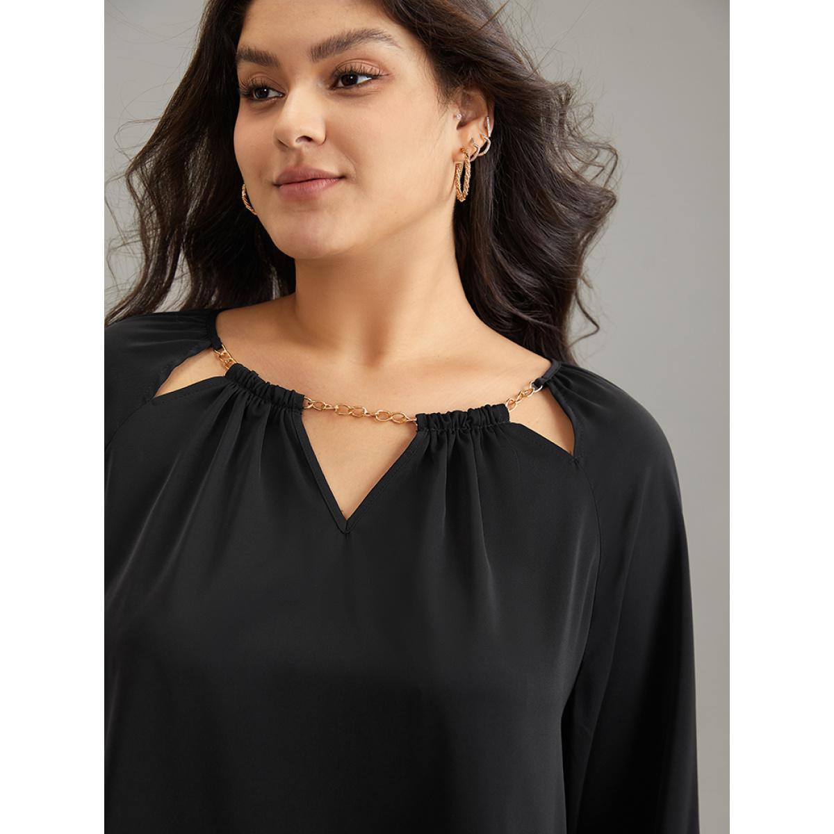 Plus Size Black Static-Free Chain Detail Cut Out Raglan Sleeve Blouse Women Office Long Sleeve Round Neck Work Blouses BloomChic 14-16/1X Product Image