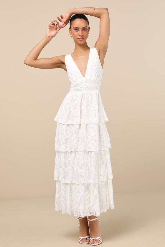 Ezzie White Lace Tiered Midi Dress Product Image