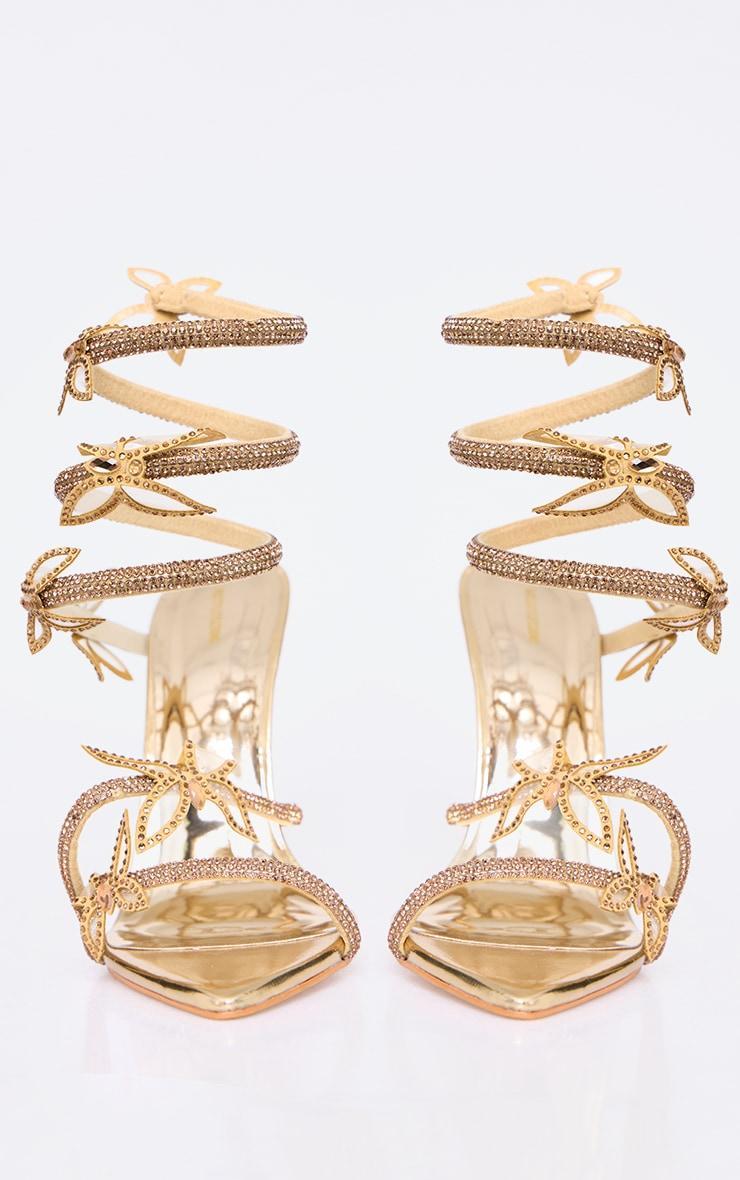Gold PU Point Toe Diamante Mesh Butterfly Spiral Heeled Sandals Product Image
