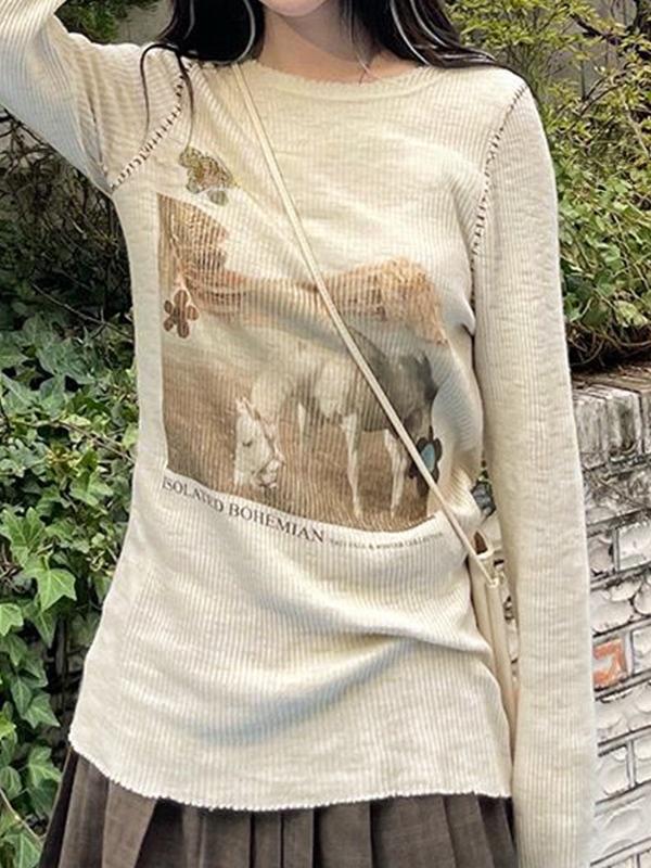 Vintage Print Stitch Detail Long Sleeve Knit Product Image