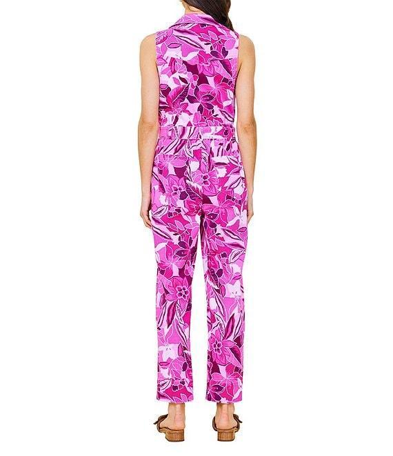 Skies Are Blue Floral Printed Twill Collar V-Neck Sleeveless Zip Front Jumpsuit Product Image