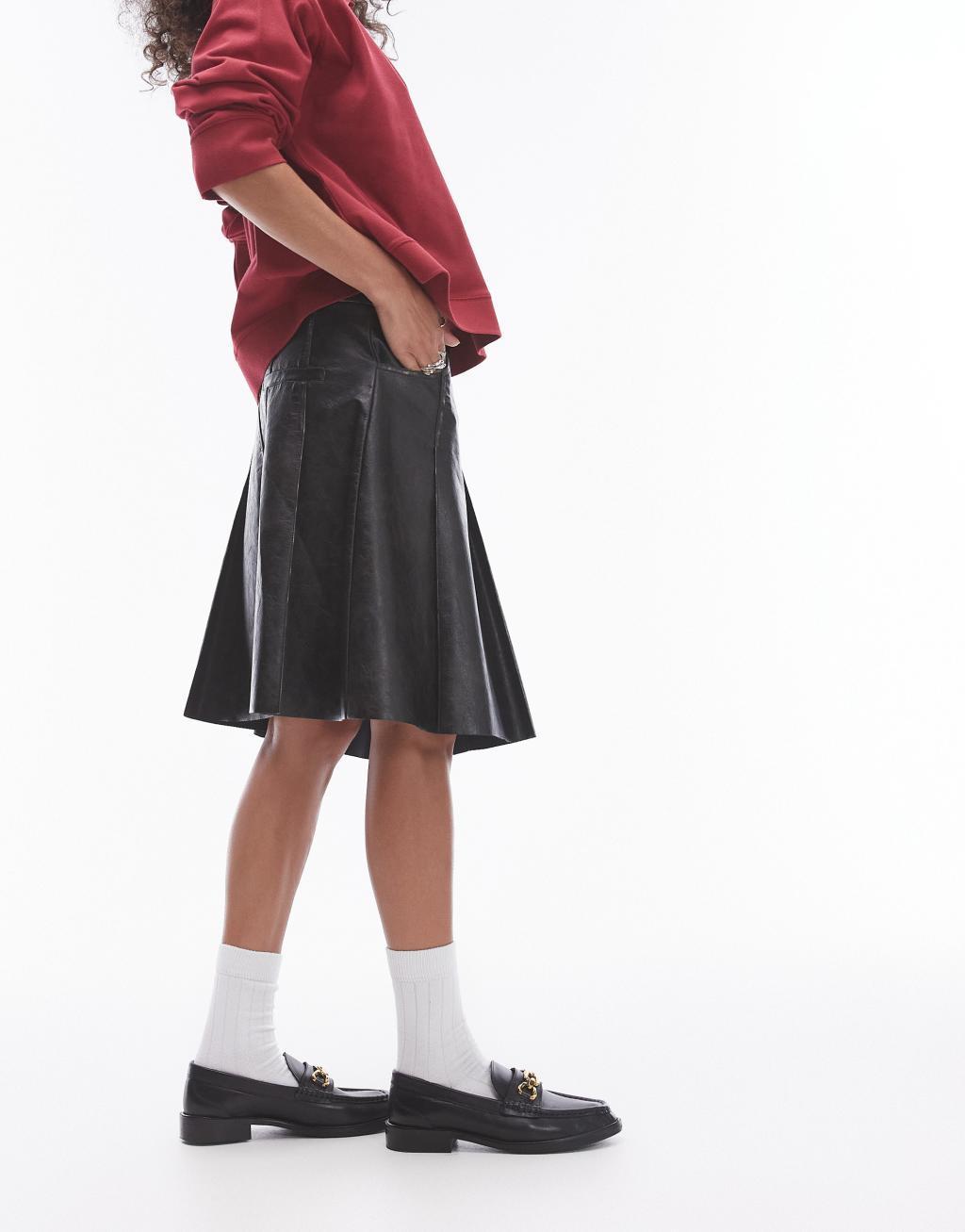 Topshop faux leather pleated 90s length skirt in washed dark brown  Product Image