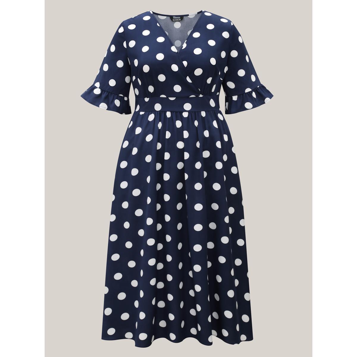 Plus Size Polka Dots Surplice Neck Waist-Cinched Dress Navy Women Elegant Ruffles Overlap Collar Elbow-length sleeve Curvy BloomChic 12/L Product Image
